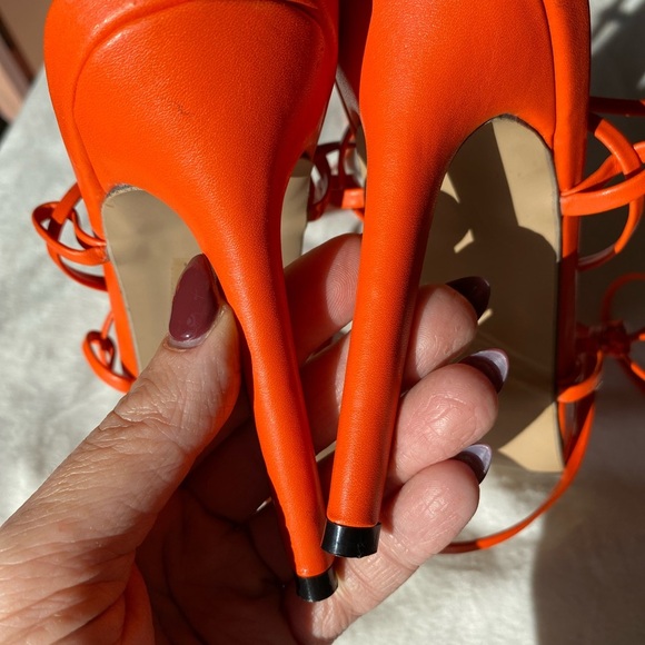 Bright Orange Lace-Up Strappy Women's Heels Pointy Toe - Picture 4 of 9